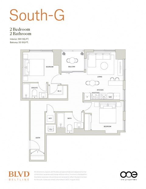 Floor plan for 2 beds, 2 baths, 901 sqft